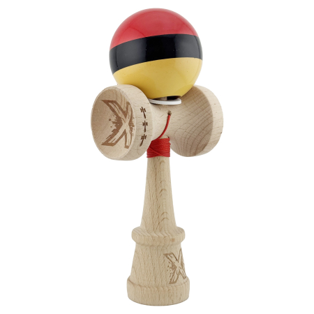 Kendama - Kendama X Originala, Profesionala, Flippy, Super Sticky cu Cupe Mari KING SIZE V3, Gaura in Baza, Rulment Metalic, din lemn 18 cm, Ata 62/65 cm, Rosu/Negru/Galben 
