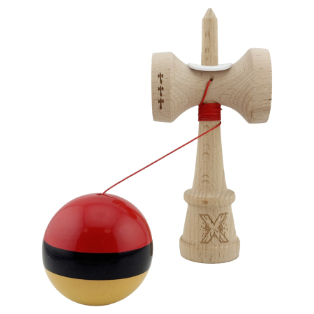 Kendama X Originala, Profesionala, Flippy, Super Sticky cu Cupe Mari KING SIZE V3, Gaura in Baza, Rulment Metalic, din lemn 18 cm, Ata 62/65 cm, Rosu/Negru/Galben  [3]