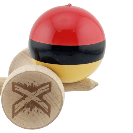 Kendama X Originala, Profesionala, Flippy, Super Sticky cu Cupe Mari KING SIZE V3, Gaura in Baza, Rulment Metalic, din lemn 18 cm, Ata 62/65 cm, Rosu/Negru/Galben  [8]