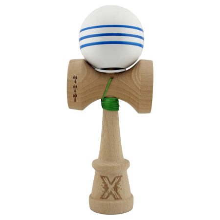 Kendama X Originala, Profesionala, Flippy, Super Sticky cu Cupe Mari KING SIZE V3, Gaura in Baza, Rulment Metalic, din lemn 18 cm, Ata 62/65 cm, Special Alb/Albastru [1]