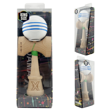 Kendama X Originala, Profesionala, Flippy, Super Sticky cu Cupe Mari KING SIZE V3, Gaura in Baza, Rulment Metalic, din lemn 18 cm, Ata 62/65 cm, Special Alb/Albastru [5]