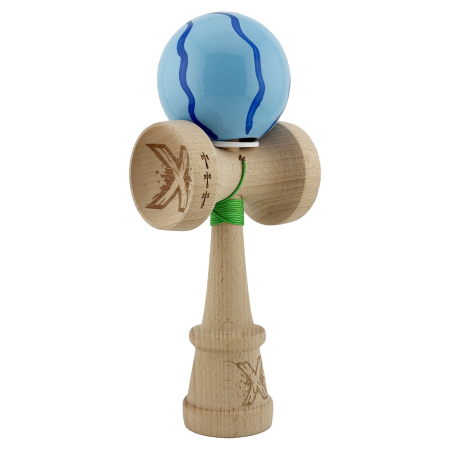 Kendama - Kendama X Originala, Profesionala, Flippy, Super Sticky cu Cupe Mari KING SIZE V3, Gaura in Baza, Rulment Metalic, din lemn 18 cm, Ata 62/65 cm, Special Albastru deschis