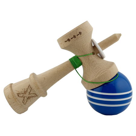 Kendama X Originala, Profesionala, Flippy, Super Sticky cu Cupe Mari KING SIZE V3, Gaura in Baza, Rulment Metalic, din lemn 18 cm, Ata 62/65 cm, Special Albastru/Alb [4]
