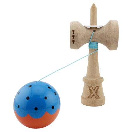 Kendama X Originala, Profesionala, Flippy, Super Sticky cu Cupe Mari KING SIZE V3, Gaura in Baza, Rulment Metalic, din lemn 18 cm, Ata 62/65 cm, Special Albastru/Portocaliu [2]