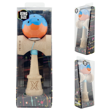 Kendama X Originala, Profesionala, Flippy, Super Sticky cu Cupe Mari KING SIZE V3, Gaura in Baza, Rulment Metalic, din lemn 18 cm, Ata 62/65 cm, Special Albastru/Portocaliu [4]