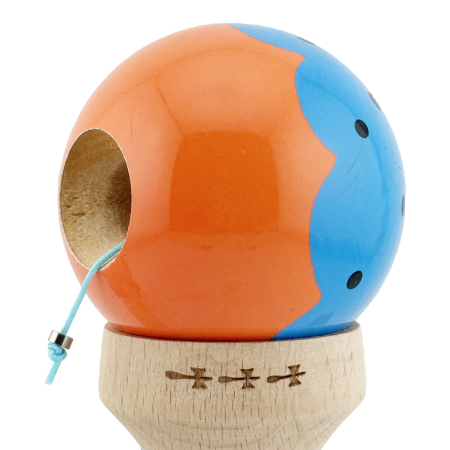 Kendama X Originala, Profesionala, Flippy, Super Sticky cu Cupe Mari KING SIZE V3, Gaura in Baza, Rulment Metalic, din lemn 18 cm, Ata 62/65 cm, Special Albastru/Portocaliu [5]