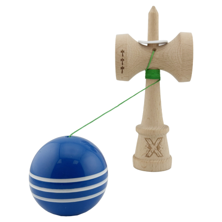 Kendama X Originala, Profesionala, Flippy, Super Sticky cu Cupe Mari KING SIZE V3, Gaura in Baza, Rulment Metalic, din lemn 18 cm, Ata 62/65 cm, Special Albastru/Alb [3]