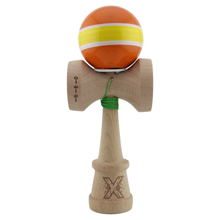 Kendama X Originala, Profesionala, Flippy, Super Sticky cu Cupe Mari KING SIZE V3, Gaura in Baza, Rulment Metalic, din lemn 18 cm, Ata 62/65 cm, Special Portocaliu/Galben [1]