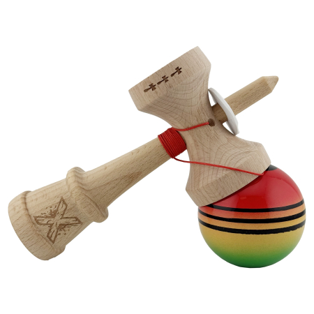 Kendama X Originala, Profesionala, Flippy, Super Sticky cu Cupe Mari KING SIZE V3, Gaura in Baza, Rulment Metalic, din lemn 18 cm, Ata 62/65 cm, Special Rosu/Verde [4]