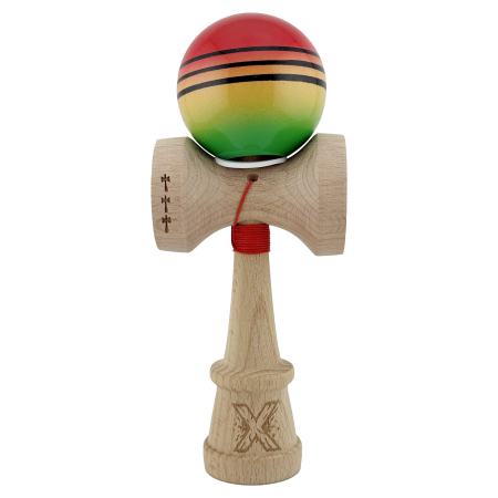 Kendama X Originala, Profesionala, Flippy, Super Sticky cu Cupe Mari KING SIZE V3, Gaura in Baza, Rulment Metalic, din lemn 18 cm, Ata 62/65 cm, Special Rosu/Verde [1]