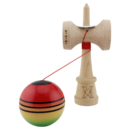 Kendama X Originala, Profesionala, Flippy, Super Sticky cu Cupe Mari KING SIZE V3, Gaura in Baza, Rulment Metalic, din lemn 18 cm, Ata 62/65 cm, Special Rosu/Verde [3]