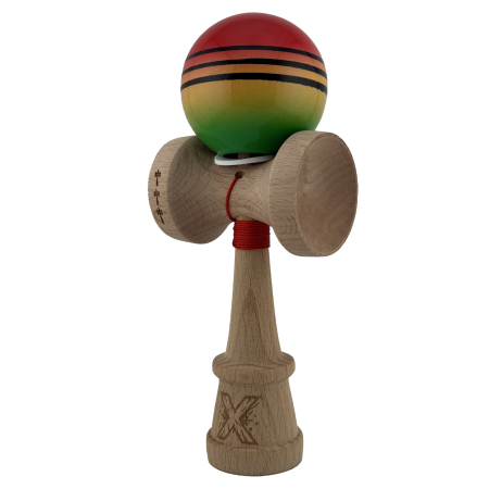 Kendama X Originala, Profesionala, Flippy, Super Sticky cu Cupe Mari KING SIZE V3, Gaura in Baza, Rulment Metalic, din lemn 18 cm, Ata 62/65 cm, Special Rosu/Verde [2]