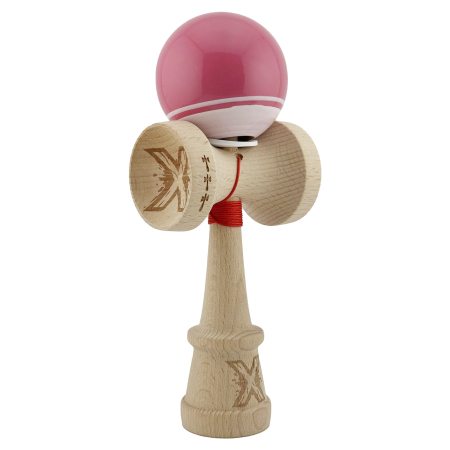Kendama - Kendama X Originala, Profesionala, Flippy, Super Sticky cu Cupe Mari KING SIZE V3, Gaura in Baza, Rulment Metalic, din lemn 18 cm, Ata 62/65 cm, Special Roz/Alb