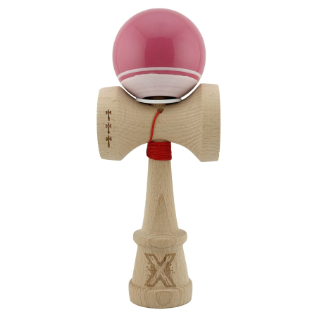 Kendama X Originala, Profesionala, Flippy, Super Sticky cu Cupe Mari KING SIZE V3, Gaura in Baza, Rulment Metalic, din lemn 18 cm, Ata 62/65 cm, Special Roz/Alb [1]