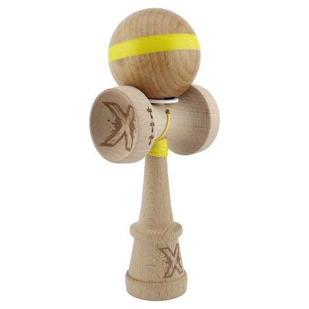Kendama - Kendama X Originala, Profesionala, Flippy, Super Sticky, Cupe Mari KING SIZE V3, Gaura in Baza, Rulment Metalic, din lemn 18 cm, Ata 62/65 cm, Original Galben