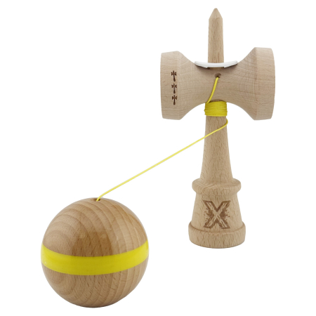 Kendama X Originala, Profesionala, Flippy, Super Sticky, Cupe Mari KING SIZE V3, Gaura in Baza, Rulment Metalic, din lemn 18 cm, Ata 62/65 cm, Original Galben [3]