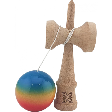 Kendama X Originala, Profesionala, Flippy, Super Sticky din Lemn, 18 cm, Gradient Rosu/Galben/Albastru [1]