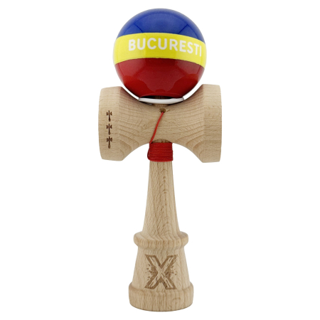 Kendama X Originala, Profesionala, Flippy, Tricolor Edition BUCURESTI, Super Sticky cu Cupe Mari KING SIZE V3, Rulment Metalic si Gaura in Baza, din Lemn 18 cm, Ata 62/65 cm, Multicolor [1]