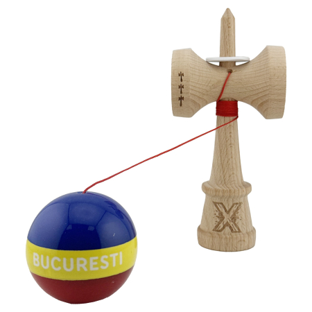 Kendama X Originala, Profesionala, Flippy, Tricolor Edition BUCURESTI, Super Sticky cu Cupe Mari KING SIZE V3, Rulment Metalic si Gaura in Baza, din Lemn 18 cm, Ata 62/65 cm, Multicolor [3]
