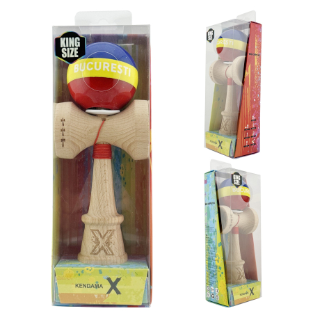 Kendama X Originala, Profesionala, Flippy, Tricolor Edition BUCURESTI, Super Sticky cu Cupe Mari KING SIZE V3, Rulment Metalic si Gaura in Baza, din Lemn 18 cm, Ata 62/65 cm, Multicolor [4]