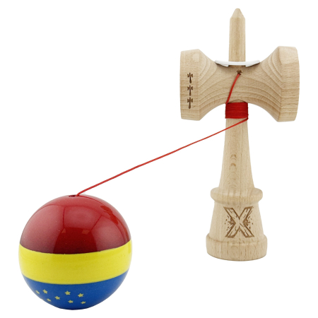 Kendama X Originala, Profesionala, Flippy, Tricolor Edition cu Stele, Super Sticky cu Cupe Mari KING SIZE V3, Rulment Metalic si Gaura in Baza, din Lemn 18 cm, Ata 62/65 cm, Multicolor [3]
