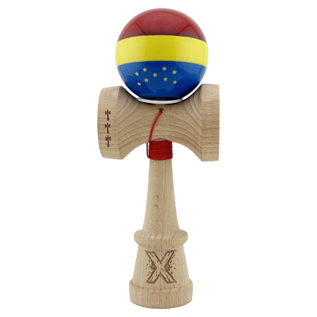 Kendama X Originala, Profesionala, Flippy, Tricolor Edition cu Stele, Super Sticky cu Cupe Mari KING SIZE V3, Rulment Metalic si Gaura in Baza, din Lemn 18 cm, Ata 62/65 cm, Multicolor [1]