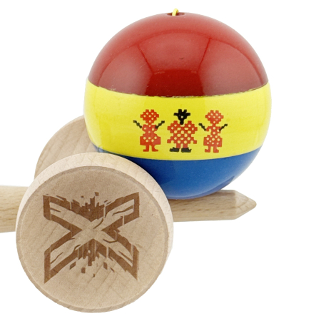 Kendama X Originala, Profesionala, Flippy, Tricolor Edition Stil Romanesc, Super Sticky cu Cupe Mari KING SIZE V3, Rulment Metalic si Gaura in Baza, din Lemn 18 cm, Ata 62/65 cm, Multicolor [8]