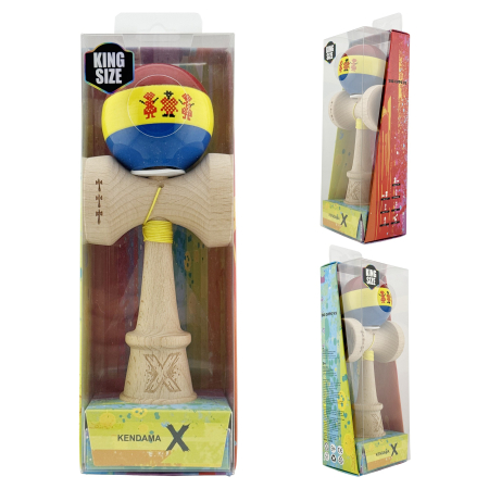 Kendama X Originala, Profesionala, Flippy, Tricolor Edition Stil Romanesc, Super Sticky cu Cupe Mari KING SIZE V3, Rulment Metalic si Gaura in Baza, din Lemn 18 cm, Ata 62/65 cm, Multicolor [4]