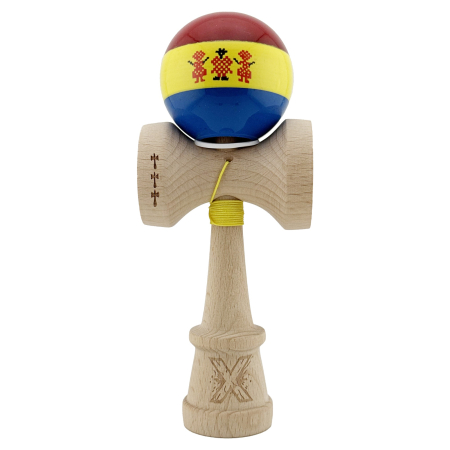 Kendama X Originala, Profesionala, Flippy, Tricolor Edition Stil Romanesc, Super Sticky cu Cupe Mari KING SIZE V3, Rulment Metalic si Gaura in Baza, din Lemn 18 cm, Ata 62/65 cm, Multicolor [1]