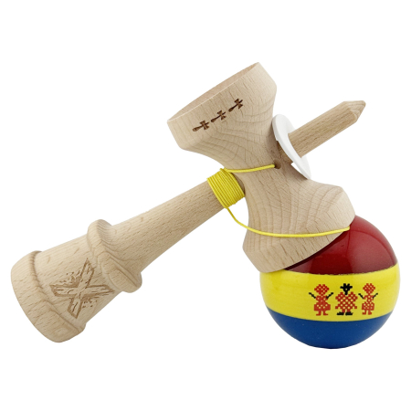 Kendama X Originala, Profesionala, Flippy, Tricolor Edition Stil Romanesc, Super Sticky cu Cupe Mari KING SIZE V3, Rulment Metalic si Gaura in Baza, din Lemn 18 cm, Ata 62/65 cm, Multicolor [5]