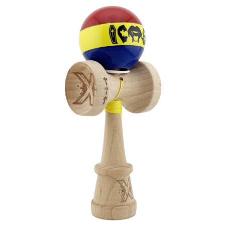Kendama - Kendama X Originala, Profesionala, Flippy, Tricolor Edition Vampir Dracula, Super Sticky cu Cupe Mari KING SIZE V3, Rulment Metalic si Gaura in Baza, din Lemn 18 cm, Ata 62/65 cm, Multicolor