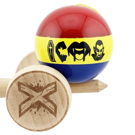 Kendama X Originala, Profesionala, Flippy, Tricolor Edition Vampir Dracula, Super Sticky cu Cupe Mari KING SIZE V3, Rulment Metalic si Gaura in Baza, din Lemn 18 cm, Ata 62/65 cm, Multicolor [8]