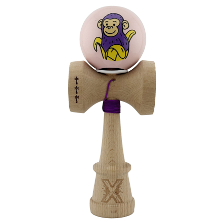 Kendama X Originala, Profesionala, Flippy, Violet Monkey, Super Sticky cu Cupe Mari King Size V3, Rulment Metalic si Gaura in Baza, din Lemn 18 cm, Ata 62/65 cm, Roz [1]