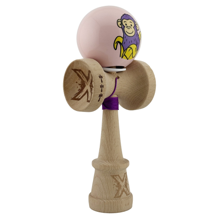 Kendama - Kendama X Originala, Profesionala, Flippy, Violet Monkey, Super Sticky cu Cupe Mari King Size V3, Rulment Metalic si Gaura in Baza, din Lemn 18 cm, Ata 62/65 cm, Roz