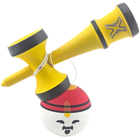 Kendama X Originala, Profesionala, Model Rege, Flippy, din Lemn, 18 cm, Model Bicolor cu Maner Galben, Rosu Alb [2]