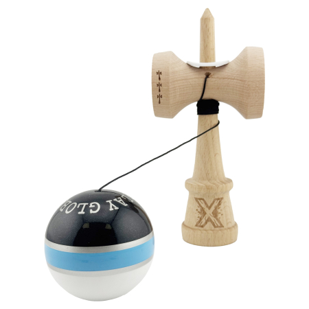 Kendama X Originala ROYAL SPIKE, Profesionala, Flippy, Cupe Mari KING SIZE V3, Super Sticky, Gaura in Baza, Rulment Metalic, din lemn 18 cm, Ata 62/65 cm, Inel Albastru deschis [3]