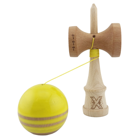 Kendama X Rainbow Originala, Profesionala, Flippy, Big Cups V2, Super Sticky cu Cupe Mari, Rulment Metalic, din lemn 18 cm, Ata 55 cm, Galben/Maro [2]
