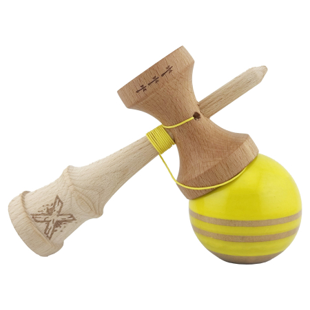 Kendama X Rainbow Originala, Profesionala, Flippy, Big Cups V2, Super Sticky cu Cupe Mari, Rulment Metalic, din lemn 18 cm, Ata 55 cm, Galben/Maro [3]