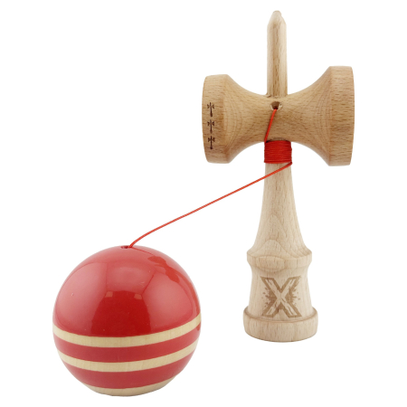 Kendama X Rainbow Originala, Profesionala, Flippy, Big Cups V2, Super Sticky cu Cupe Mari, Rulment Metalic, din lemn 18 cm, Ata 55 cm, Rosu/Maro [2]
