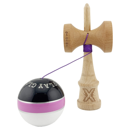 Kendama X ROYAL SPIKE Originala, Profesionala, Flippy, Big Cups V2, Super Sticky cu Cupe Mari, Rulment Metalic, din lemn 18 cm, Ata 55 cm, Negru/Roz Silver/Alb [2]