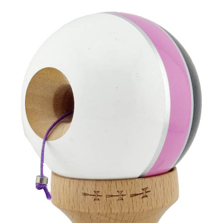 Kendama X ROYAL SPIKE Originala, Profesionala, Flippy, Big Cups V2, Super Sticky cu Cupe Mari, Rulment Metalic, din lemn 18 cm, Ata 55 cm, Negru/Roz Silver/Alb [4]