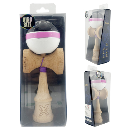 Kendama X ROYAL SPIKE Originala, Profesionala, Flippy, Big Cups V2, Super Sticky cu Cupe Mari, Rulment Metalic, din lemn 18 cm, Ata 55 cm, Negru/Roz Silver/Alb [8]
