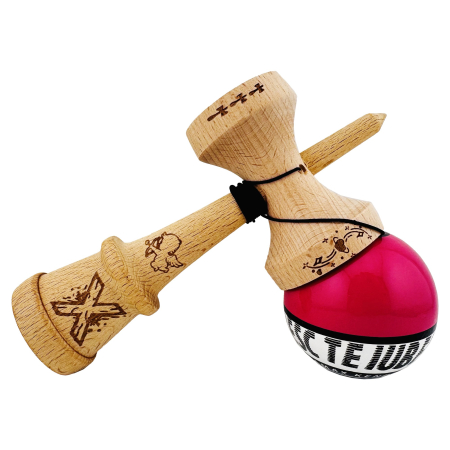 Kendama X TE IUBESC Originala, Profesionala, Flippy, Super Sticky cu Cupe Mari KING SIZE V3, Gaura in Baza, Rulment Metalic, din lemn 18 cm, Ata 62/65 cm, Roz/Alb [10]
