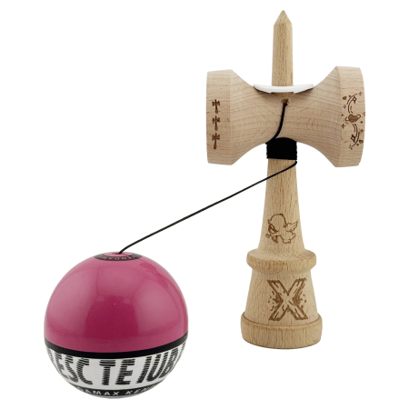 Kendama X TE IUBESC Originala, Profesionala, Flippy, Super Sticky cu Cupe Mari KING SIZE V3, Gaura in Baza, Rulment Metalic, din lemn 18 cm, Ata 62/65 cm, Roz/Alb [3]
