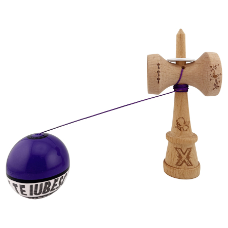 Kendama X TE IUBESC Originala, Profesionala, Flippy, Super Sticky cu Cupe Mari KING SIZE V3, Gaura in Baza, Rulment Metalic, din lemn 18 cm, Ata 62/65 cm, Violet/Alb [3]