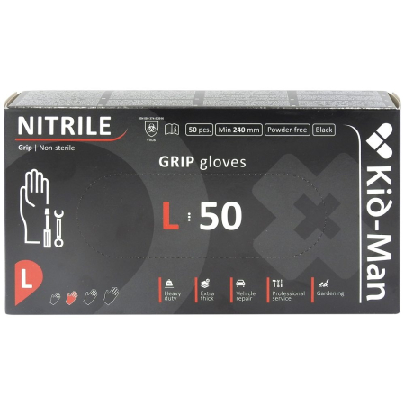 Sub 99 Lei - Kid-man Manusi Nitril Grip N50 Nepudrate Negre L 50 buc