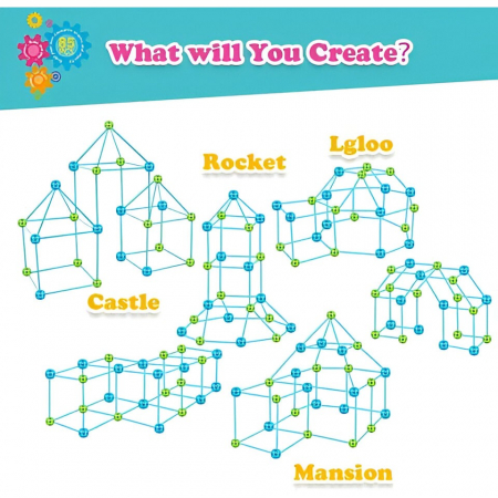 Kit de Constructie Fort 3D pentru Copii, Flippy, 560 g, 36 Sfere, 51 Tije, Panza Verde Impermeabil, 3 ani, Educativ, Multicolor [5]