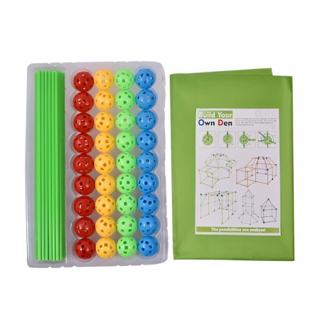 Kit de Constructie Fort 3D pentru Copii, Flippy, 560 g, 36 Sfere, 51 Tije, Panza Verde Impermeabil, 3 ani, Educativ, Multicolor [3]