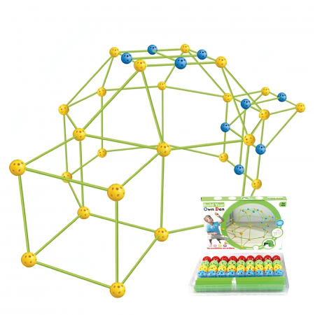 Jucarii, Copii & Bebe - Kit de Constructie Fort 3D pentru Copii, Flippy, 560 g, 36 Sfere, 51 Tije, Panza Verde Impermeabil, 3 ani, Educativ, Multicolor