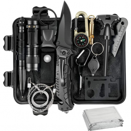 Casă și camping - * LICHIDARE STOC * Kit supravietuire 19 in 1 Flippy, Cutit/Busola/Lanterna/Fluier/Chingi/Paracord, pentru Caping, Drumetii, Aventuri, Insturmente profesionale, Negru -